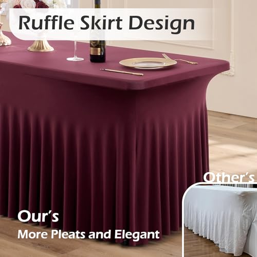 Image of 2 pk Burgundy Spandex Tablecloth 6ft with Ruffled Tables,Wrinkle Free High-Stretch Fitted Table Cloths for 6 Foot Rectangle Tables,Elastic Maroon Spandex Table Covers 6 ft for Weddings Banquet Dinning
