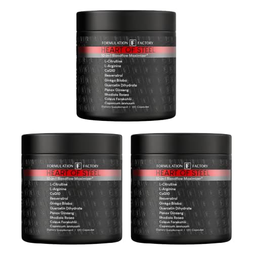 Formulation Factory Heart of Steel Nitric Oxide Supplements for Men & Women, Nitric Oxide Booster for Blood Flow & Circulation with L-Citrulline 1000mg, L-Arginine, CoQ10 & Resveratrol - 360 Capsules