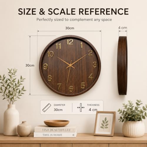 Image of STAR WORK 12 inch Inch Silent Wall Clock - Wood Finish Analog Clock with Gold Numerals, Non-Ticking Quartz Movement, Modern Decorative Wall Clock for Living Room, Bedroom & Office. (Brown 12-inch (30cm)