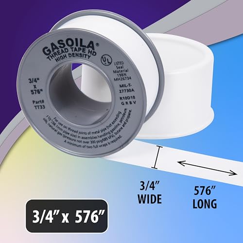 Image of Gasoila PTFE Thread Seal Tape - Professional-Grade, 3 /4 Inch x 576 Inch, High-Density Thread Tape for Plumbing, HVAC, Gas Lines, Water Pipes, and Air Compressors - Leak-Proof Seal, Non-Toxic