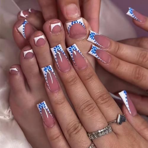 Image of 48 Pcs French Tip Press on Nails & Press on Toenails Set Square Fake Nails with Bohemia Design White Blue Glue on Nails Glossy Artificial Acrylic Full Cover False Toe Nails for Women Summer Manicure