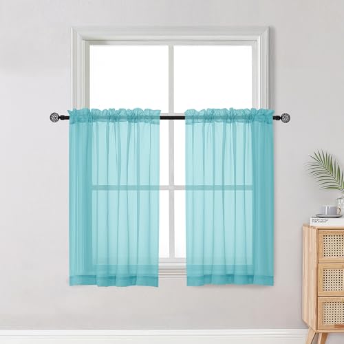 Image of OWENIE Short Aqua Sheer Curtains 36 Inch Length 2 Panels Set, Kitchen Tiers Curtains Light Filter Rod Pocket Voile Cafe Curtain for Basement Bathroom Small Half Window, 42 inch W x 36 inch L, Aqua