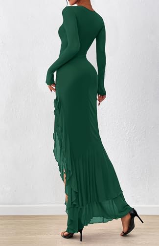 BTFBM Women's Maxi Dresses Fall 2025 Long Sleeve Ruched Bodycon Solid Ruffle Mermaid Cocktail Wedding Guest Dress