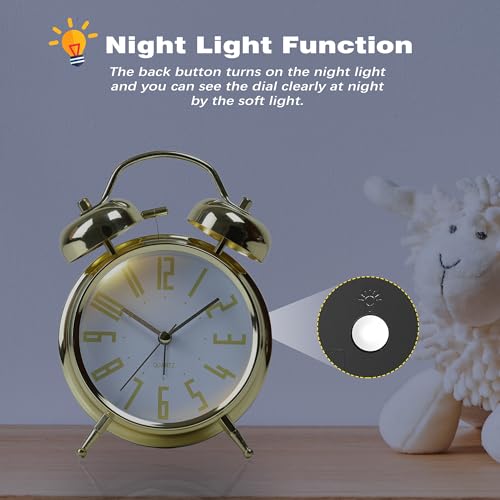 Image of AYRELY Super Loud Alarm Clock for Heavy Sleepers Adults,Twin Bell Retro 4 Inch Silent Non-Ticking Quartz with Backlight, Metal dial, Alarm Clocks for Bedrooms Bedside (Gold-White)