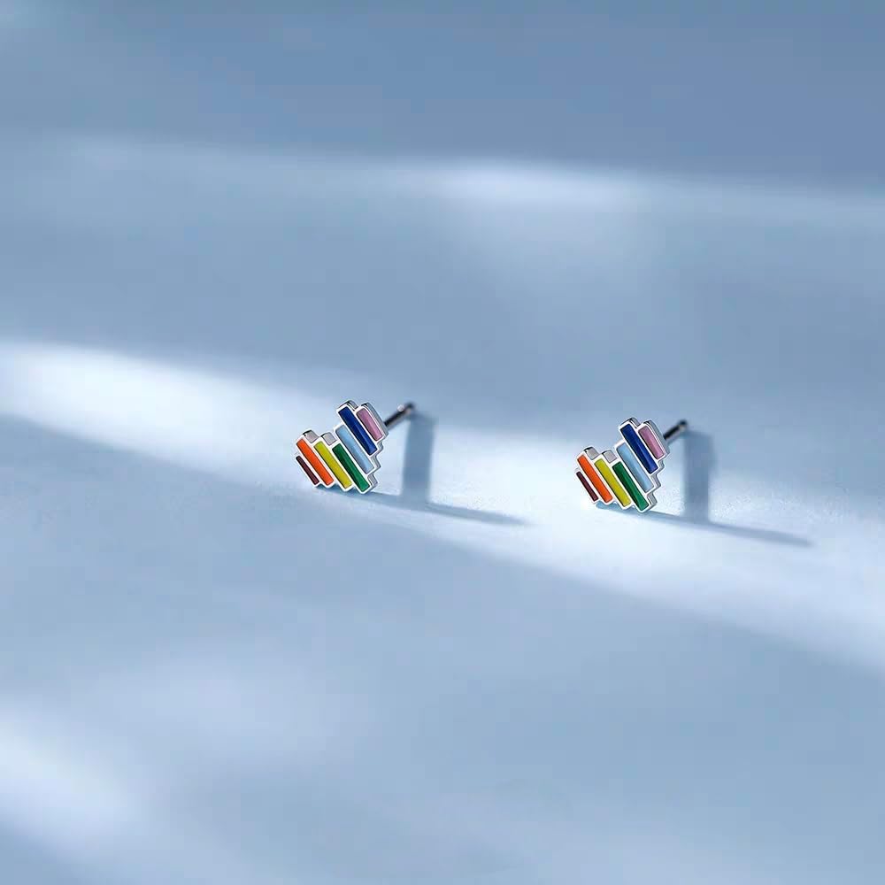 SLUYNZ 925 Sterling Silver Colored Love Heart Earrings Studs for Women Teens Rainbow Heart Stud Earrings