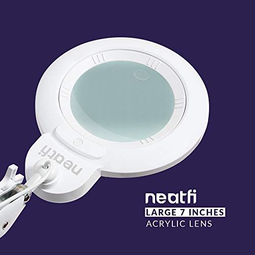 Neatfi XL Bifocals 1,600 Lumens Super LED Magnifier Lamp with Clamp, Large 7 Inches Acrylic Lens, 5 Diopter with 20 Diopter, Hands Free, Dimmable,16W, 84 PCS SMD LED, Adjustable Arm (White)
