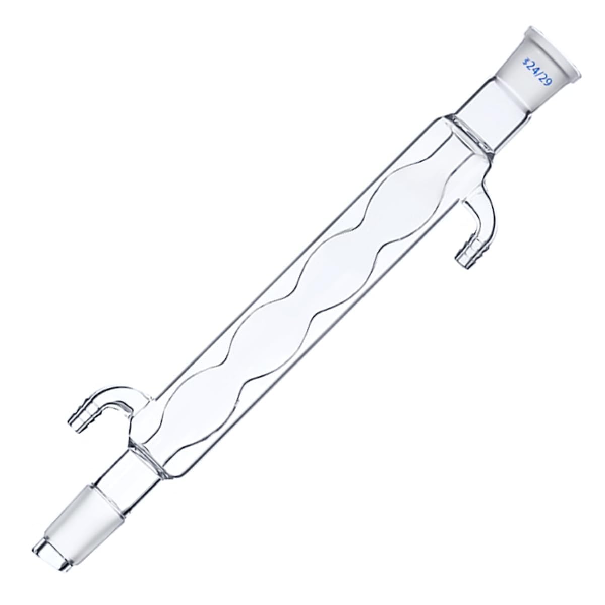 Condensador de vidrio de borosilicato con junta 24/29, aparato de destilación y reflujo de laboratorio de química con conexiones de manguera de vidrio, diseño esférico, 400 mm
