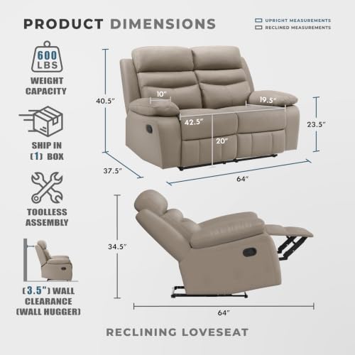 Image of Lexicon Leather Match Manual Recliner Loveseat, Wall Hugger Recliner, Latte