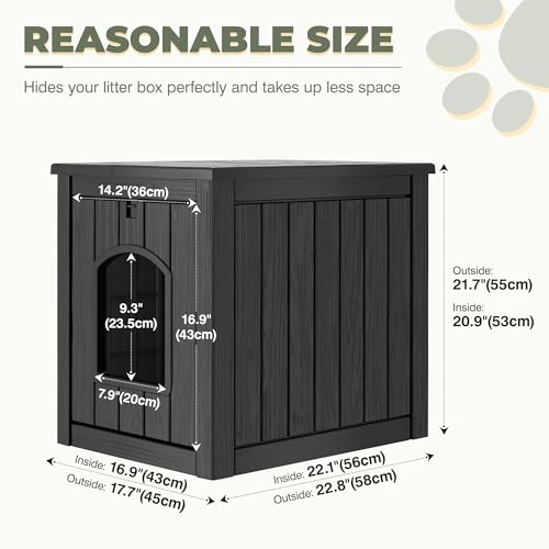 Image of Cat Litter Box Enclosure, Openable Front Door Outdoor Enclosed Cat Litter Box, Outdoor Cat House Weatherproof Raised Floor, Easy to Clean, Black