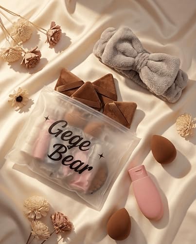 Image of Gege Bear 38-Piece Complete Beauty & Skincare Kit for Women | Spa Headband + Wrist Bands, 18 Sponges & Puffs, 8 Travel Bottles, Collapsible Brush Cleaning Tub, Eyelash Curler, Tweezers, Foundation Brush | All-in-One Makeup Starter & Travel Kit | (Baby Pink, 38 PCS)