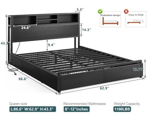 Image of EnHomee Queen Bed Frame with 6 Storage Drawers, Charge Station,Noise-Free