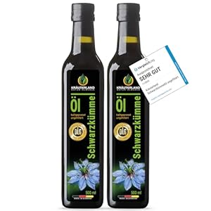 Kräuterland Schwarzkümmelöl 2X500ml (1Liter), ungefiltert, kaltgepresst, naturrein ohne Zusatzstoffe, Omega 3-6-9, hoher Thymochinon, vegan, mild, mühlenfrisch aus unsrer hessischen Ölmühle