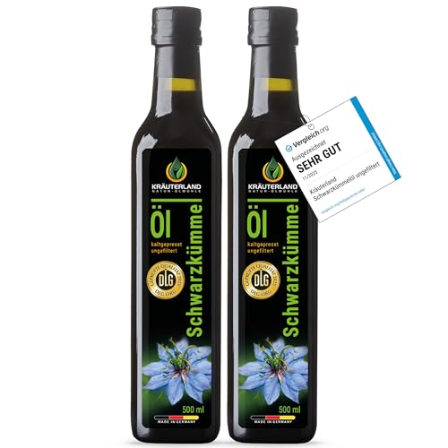 Kräuterland Schwarzkümmelöl 2X500ml (1Liter), ungefiltert, kaltgepresst, naturrein ohne...