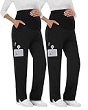 Sweetyweee 2 Pack Women's Maternity Scrubs Pants with 6 Pockets Pregnancy Workwear Stretchy Straight Leg Cargo Trousers(Black, Black,Medium)