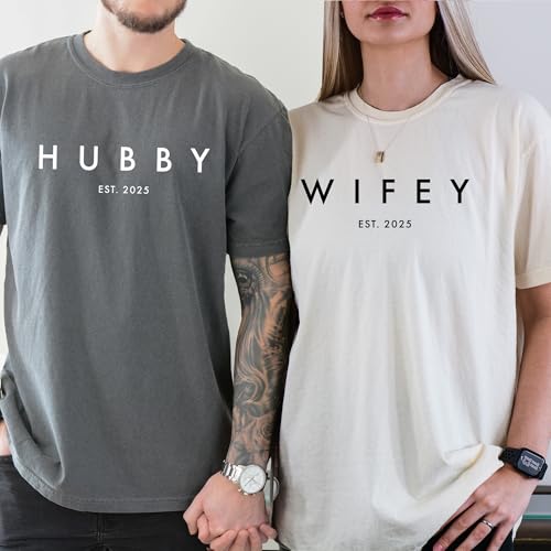 Couple T-Shirt for Men, Women, Hubby and Wifey Est. 2025 Honeymoon Shirt 100% Cotton Retro Look Oversized Graphic Tee2