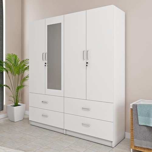 Image of VIKI Wardrobe | Wooden Almirah for 4 Door 4 Drawer with Shelves & Hanging Space Mirror Wardrobe (Frosty White - 40D x 160W x 180.8H) | 1 Year Warranty | Free Assembly