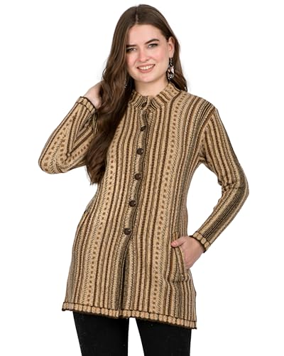 Image of LADYWILLINGTON Women Woolen Long Coat Warm Fabric Cardigan Winter Wear Pure Wool Thick Sweater For Women 100% Rainbow Wool Free Size Cotty With Side Pockets