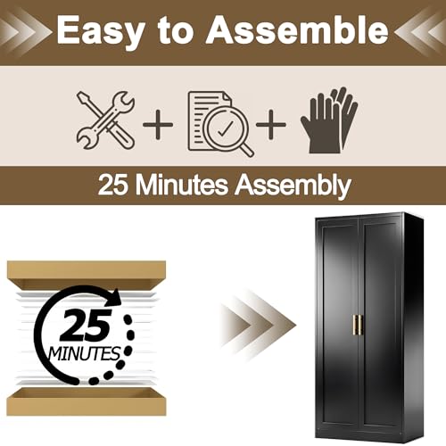 Image of 71 inch Tall Kitchen Pantry Cabinet, Metal Kitchen Pantry Storage Cabinet with Doors and 4 Adjustable Shelves, Black Pantry Cabinet for Living, Dining Room, Bathroom