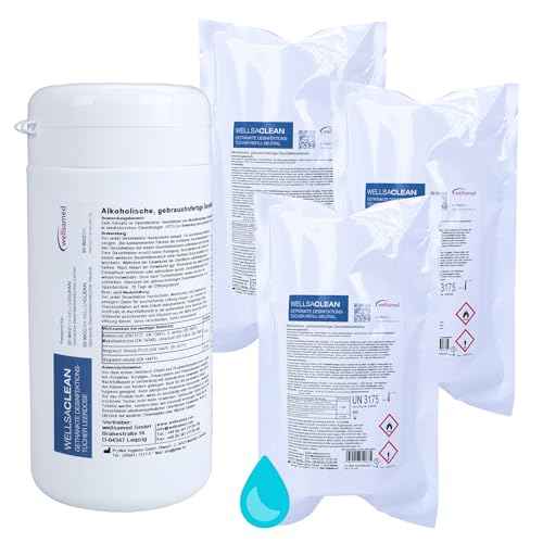 wellsaclean Desinfektionstücher Set zur Schnelldesinfektion | Inhalt: 1 praktische Spenderdose + 3 Nachfüllbeutel zu je 120 gebrauchsfertigen Tüchern (360 Stück) | Duftvariante: neutral