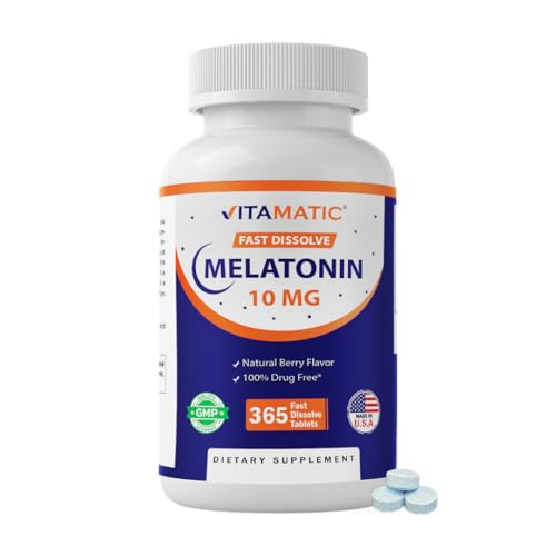 Vitamatic Melatonin 10 mg Fast Dissolve Tablets – Quick-Dissolving Sleep Support Supplement for Adults – Vegetarian, Non-GMO & Gluten-Free – Natural Berry Flavor – 365 Tablets