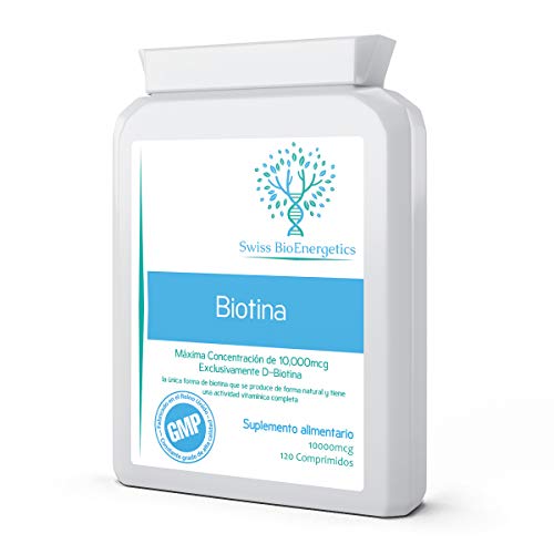 Biotina 10000mcg 120 tabletas - Fuerza máxima Vitamina B7 - Fabricado con 100% D-Biotina