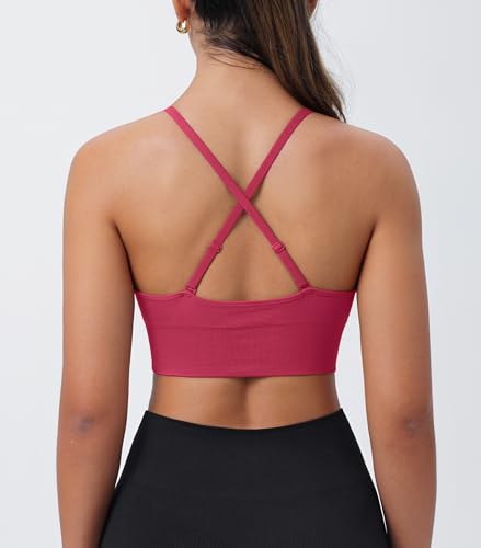 Image of Deep V-Neck Adjustable Women's Sports Bra | Wireless Longline Strappy Criss Cross Padded Spaghetti Straps Light Impact Workout Yoga Crop Top
