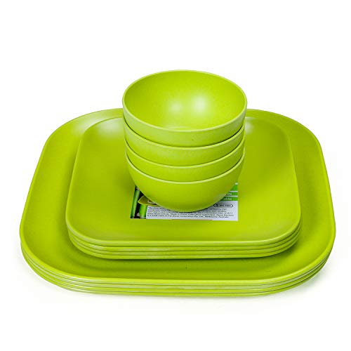 Image of Decor EcoLite Bamboo Dinner Set | Non Toxic Reusable Dinner Set | 12 Piece Eco-Friendly Dinnerware Gift Set - 4 Small Plates, 4 Large Plates & 4 Bowls (Katoris), Green