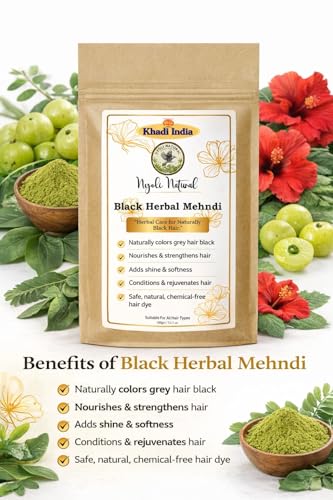 Image of Khadi Nyoli Natural Pure Black Herbal Mehendi Powder for Hair 100gm | Enriched with Amla,Shikakai,Bhringraj & Fenugreek powder| 100% Natural Ayurvedic Henna for Grey Hair Coverage | Chemical-Free & Ammonia-Free Hair Color | Long-Lasting Natural Black Hair Dye for Men & Women