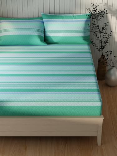 Image of KOPA Extra Smooth Cotton Double Bedsheet with 2 Pillow Covers -3pc Set (Lopez) | Extra Smooth Cotton | 1 Double Bedsheet with 2 King Size Pillow Covers Stripe-Green /Teal