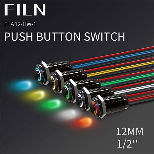 Miniatura 5 de FILN 5 interruptores de botón de metal de cabeza alta de 0.472 in, 12 V, 24 V, rojo, verde, amarillo, azul, blanco, con pestillo para automóvil,