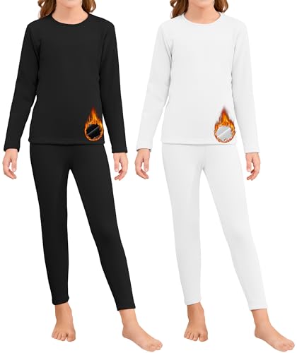 2 Set Girls Thermal Underwear Sets Kids Double-Sided Fleece Lined Long Johns Base Layer Top and Bottom for Cold Weather