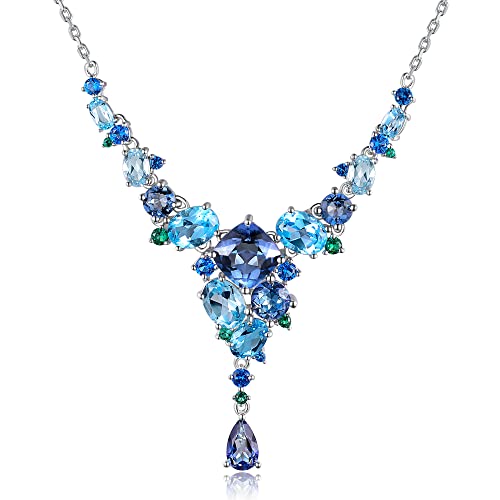Blue Topaz Pedant Necklace For Woman with 925 Sterling Silver Extender Chain Trendy Crystal Necklace Plated 18k White Gold Jewelry Quartz November Birthstone Necklace Gift for friends