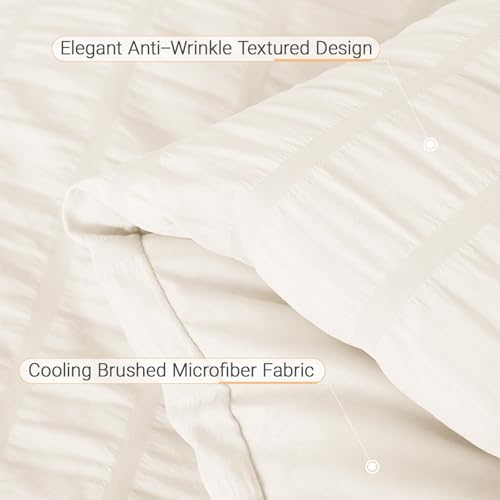 Image of MUXHOMO 7 Pieces Oversized Queen Comforter Set, Seersucker Bed in a Bag Oversized Queen Size, All Season Luxury Bedding Set with Comforter, Flat Sheet, Fitted Sheet, Pillowcases & Shams, Ivory
