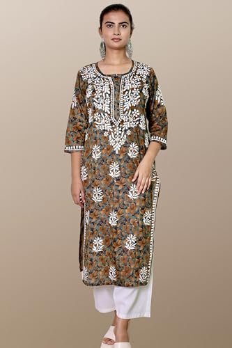 Image of KASANI Hand Embroidery Plus Size Chikankari Kurta for Women Rayon Straight Chikan Kurti