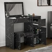 Blisswood Dressing Table with Flip-Up Mirror & Stool – Vanity Desk with Hidden Storage Drawers Beauty Makeup Organizer for Small Spaces, Bedroom Dresser or Work Table for Teen kids Women_Black Marble