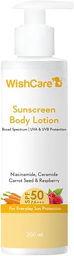 WishCare SPF50 Sunscreen Body Lotion – Broad Spectrum – UVA & UVB Protection with No White Cast – With Carrot Seed & Raspberry – For Men & Women -…