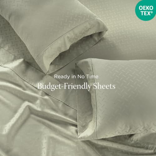 Image of Threadmill 300TC Cotton Queen Sheet Set, Sateen, Jacquard, Sage Green | 100% Cotton, Sateen Weave, Jacquard Pattern, 4-Piece Set, 16 inch Deep Pocket, All-Around Elastic, Cooling, OEKO-TEX Certified