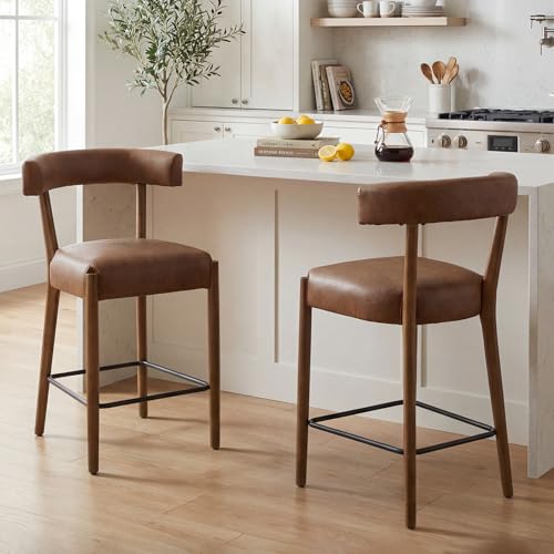 26.5" Bar Stools Set of 2, Modern Counter Height Barstools with Curved Back and Rubberwood Frame Upholstered Linen Kitchen Stool for Kitchen Island, Bar Pub, Charcoal