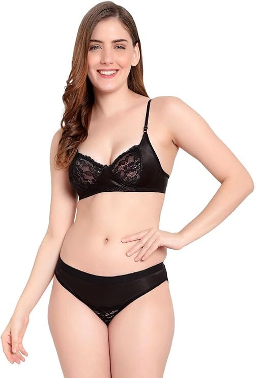 Women's Cotton Lace Bra and Panty Set, Black, Stylish Lingerie Underwear-picture-11
