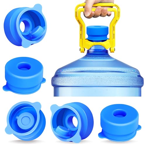 Image of (5 Pack) 3 and 5 Gallon Water Jug Cap with (1 Pack) 5 Gallon Water Bottle Handle, Silicone Reusable Replacement Cap, Non Spill Bottle Caps for 55mm Bottle Water Dispenser Caps