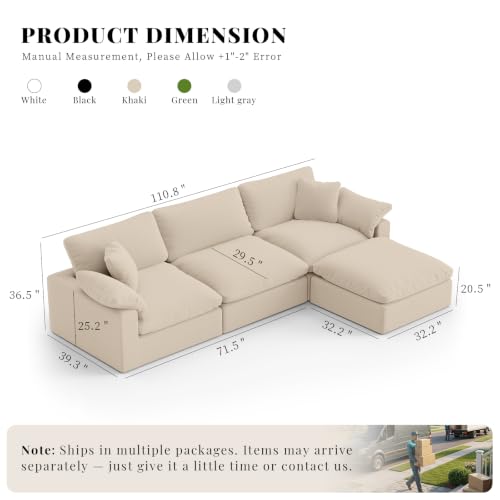 Image of Modular Sectional Sofa Cloud Couch,Down Filled Comfy Cloud Modern Sofa,Khaki Linen L Shape Oversized Couch Cushion Covers Removable Furniture for Living Room
