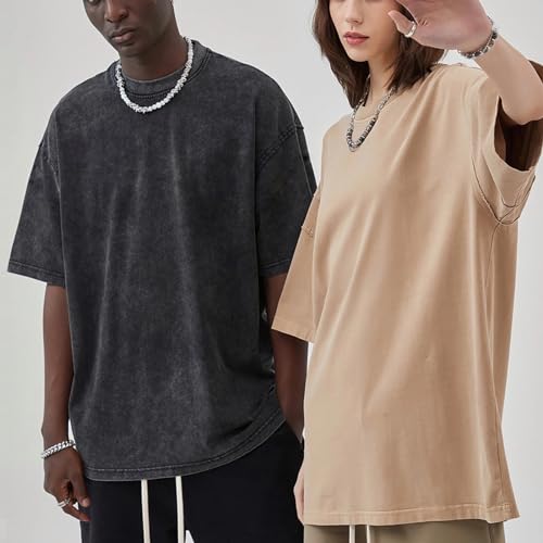 Image of Men's Oversized Cotton T-Shirts Loose Fit Vintage Washed Tee Unisex Short Sleeve Casual Shirts Tops