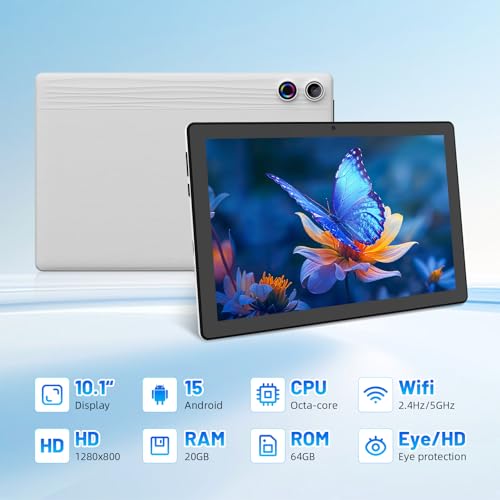 Image of 10.1 inch Tablet, Android 15 Tablets with Octa-Core, 20G RAM 64 ROM 1 TB Expansion, 1280 x 800 IPS Touch Screen, 8H Battery, Wi-Fi 6, BT 5.4, Dual Camera, Android Tablets(White)