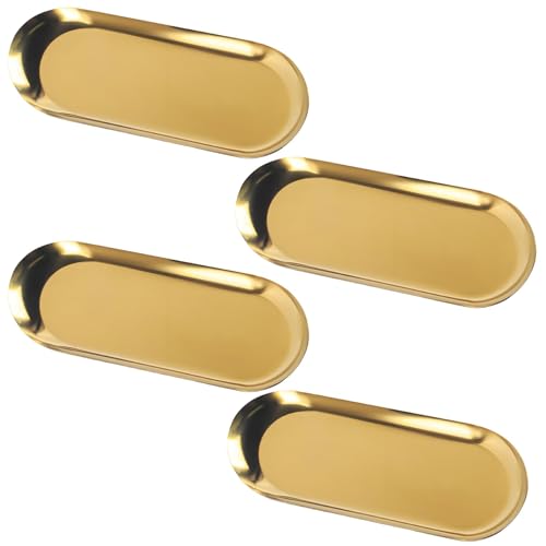 4 PCS Gold Trays Decorative, Perfume Tray Small Accessory Oval Jewellery Trays Gold Plate for Decoration, Practical Trinket Tray Suitable for Bedrooms Kitchens Living Rooms ﻿