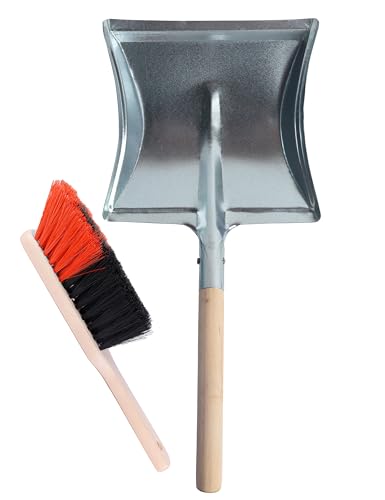 Garronda Set de Escoba y Recogedor Metálico con Mango de Madera – Cepillo Madera y Pala de Mano Resistente para Brasas, Polvo y Suciedad, Kit para el Hogar y Jardín GD-0010 (Negro/Naranja + Plata)