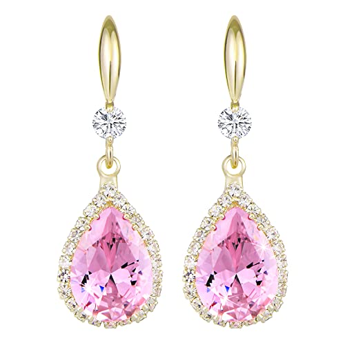 Linawe Pink Crystal Rhinestone Earrings For Women Dangling Teardrop Diamond Drop Dangle Cubic Zirconia 14K Gold Jewelry Set For Bride Bridesmaid Girls Wedding Birthstone Gift For Mom Her Wife Birthday #TOP13