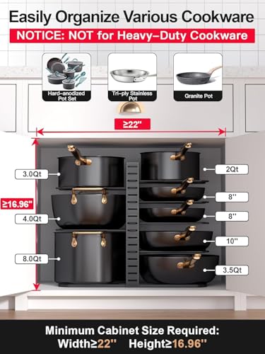 Image of Pots and Pans Organizer: 8-Tier Rack under Cabinet, Kitchen Cabinet Organizers and Storage, Light-Duty Adjustable Pot Racks, Pan Organizers inside Cabinet (8-Tier)