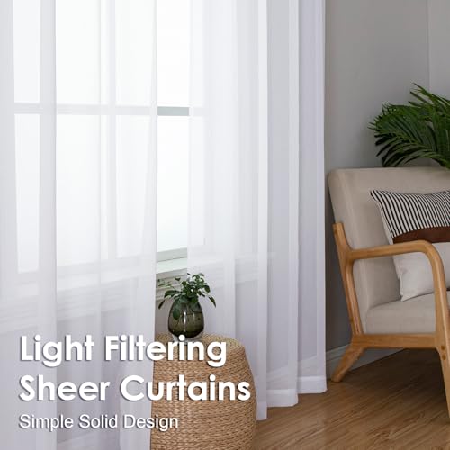 Image of OVZME 2 Panels White Sheer Curtains 96 inch Length for Bedroom, Elegant Light Filtering Sheer White Curtains Window Treatment for Living Room & Sliding Glass Door, Each 42Wx96L
