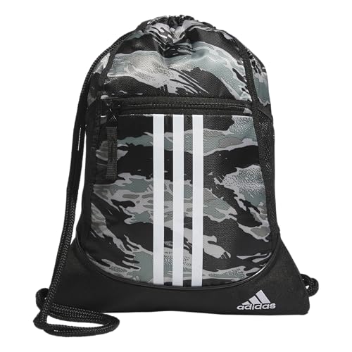 Image of adidas Alliance Sackpack, Drawstring Backpack, Lightweight Small Gym Bag for Women and Men, Essential Camo Silver Green-black /White /Black /2.0, One Size, Alliance Sackpack, Drawstring Backpack