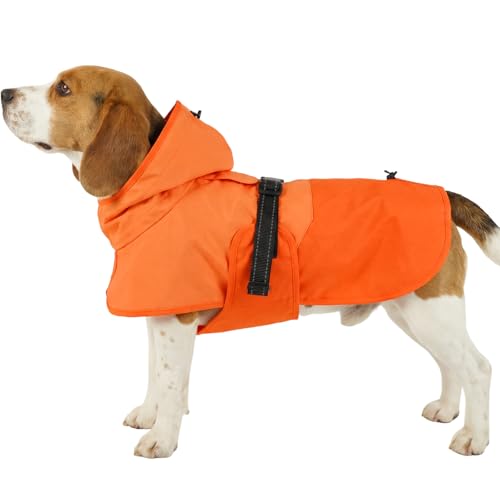 Image of BRKURLEG Dog Raincoat, Waterproof Rain Jacket with Hood, Orange, XL | Adjustable Windproof Rainproof Jacket with Leash Hole, Reflective Breathable Rain Coat Poncho, for Small to Large Dogs
